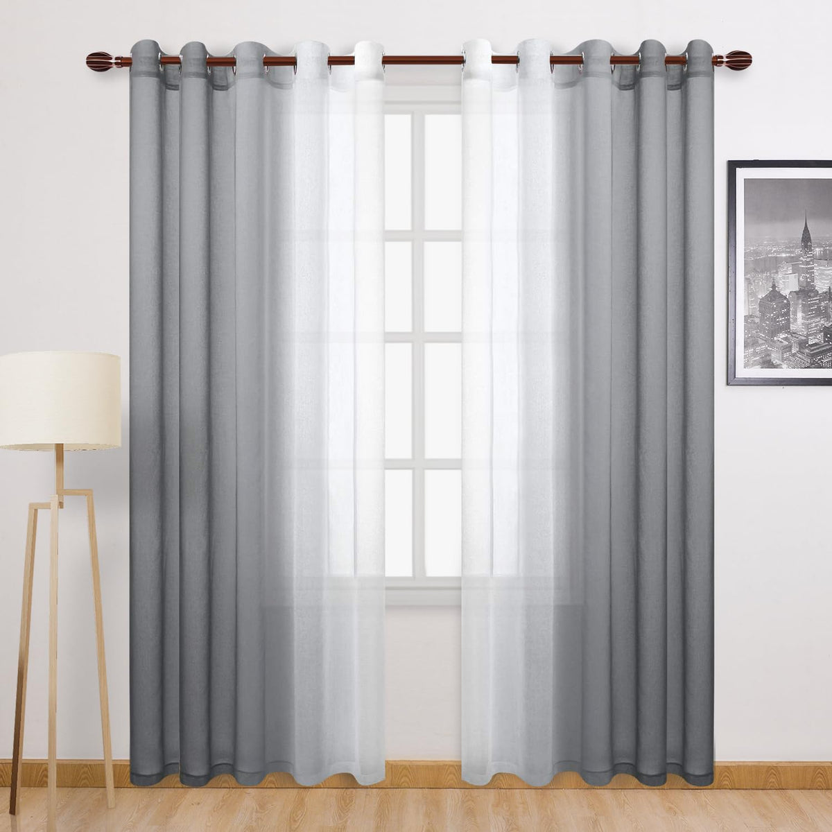 DWCN Blue Linen Ombre Sheer Curtains - Semi Voile Gradient Grommet Top Curtains for Bedroom and Living Room, Set of 2 Window Curtain Panels, 52 x 84 Inches Long, Denim Blue