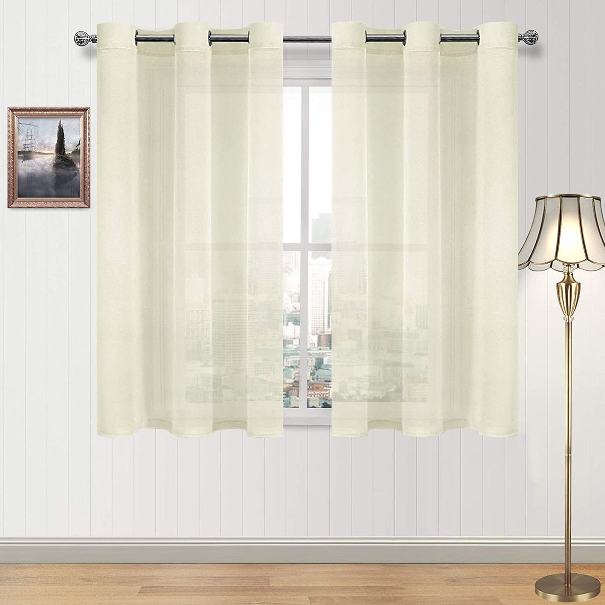 DWCN White Sheer Curtains Linen Look Semi Transparent Voile Grommet White Curtains for Living Dining Room Drapes 52 x 84 Inch Long, Set of 2 Panels
