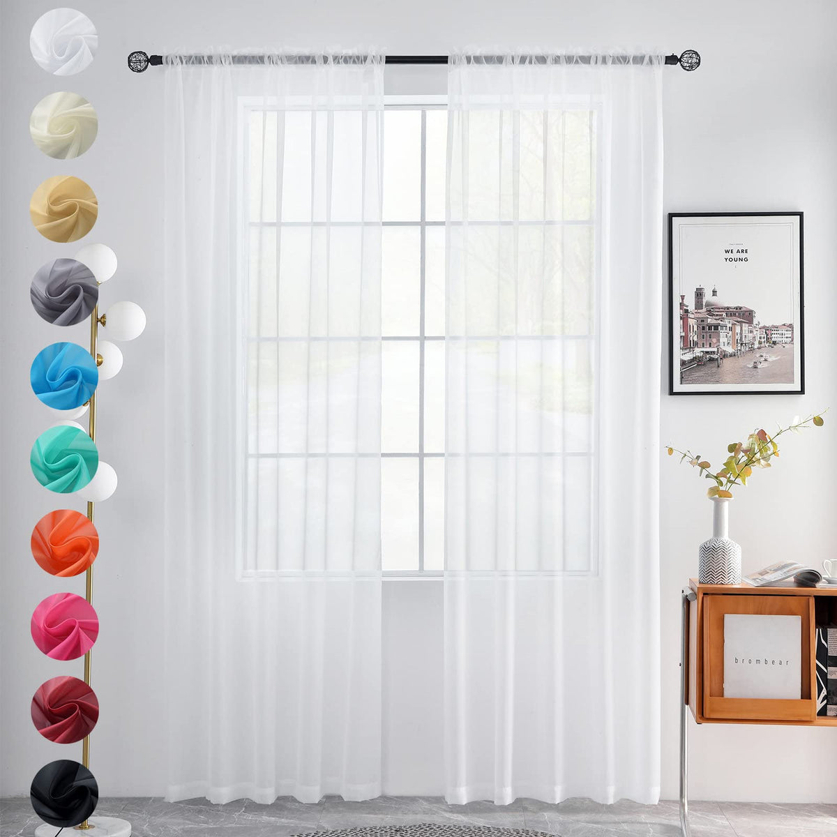 youleyar Solid Sheer Rod Pocket Curtain Voile Draperies 2 Panels White Beige Black Grey Coffee 52 Inch Width 84 Inch Long 1 Pair for Kitchen Bedroom Children Living Room Yard (Orange,52Wｘ84L)