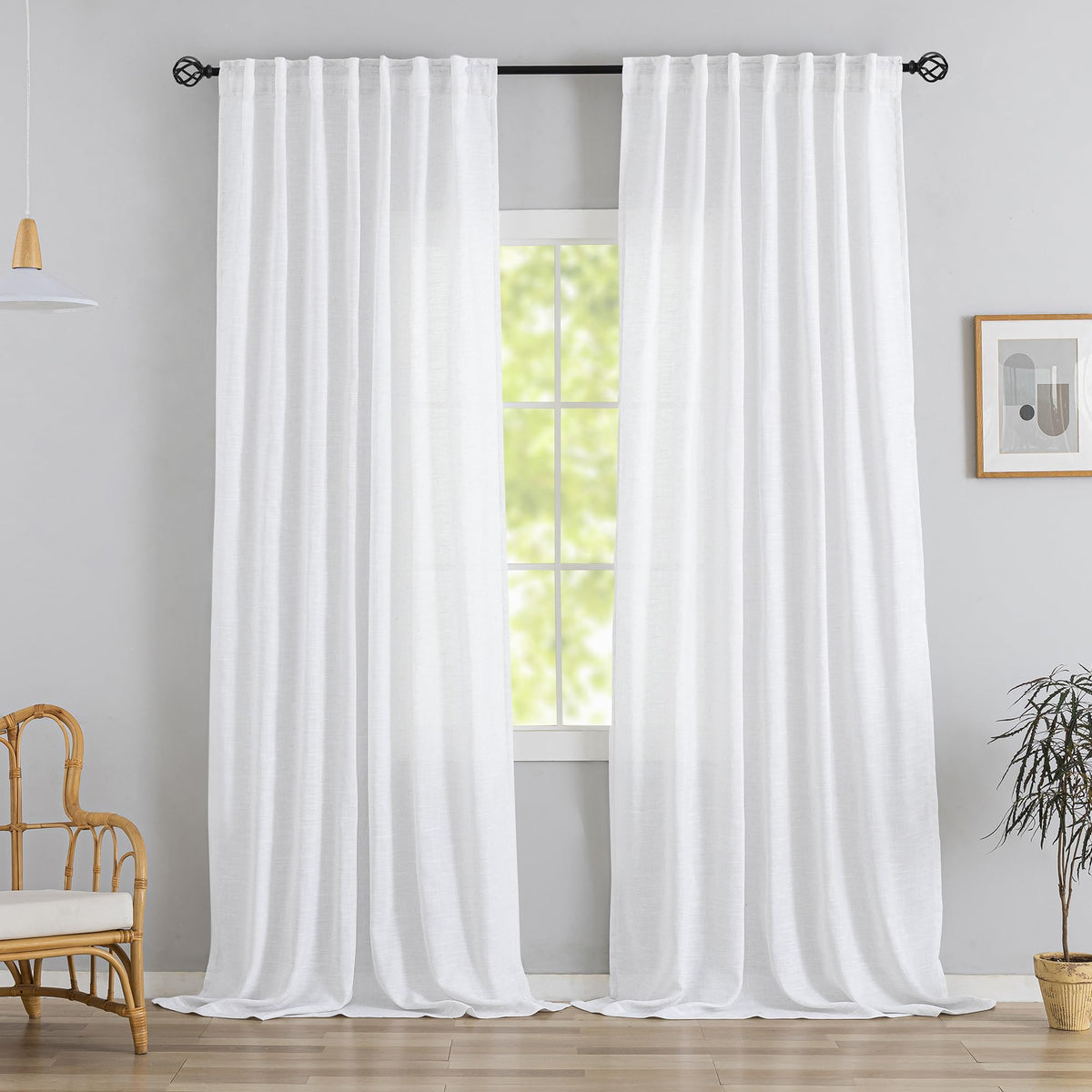 Natural Linen 144 Inch Length Curtains for Tall Floor Ceiling Villa Living Room -Cream Ivory Bak Tab Hooks Pleated Easy Open Sliding Semi Sheer 144 inch Extra Long 2 Story Window Curtains,12 Foot