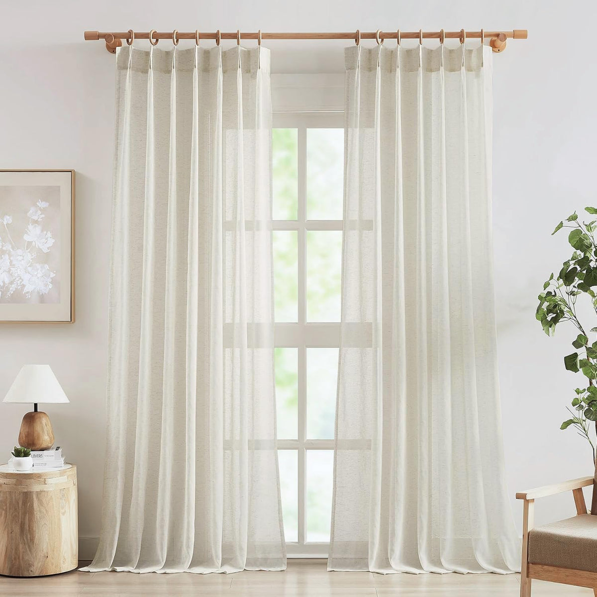 FMFUNCTEX Beige Linen Pinch Pleated Sheer Curtains, 96 Inches, 2 Panels