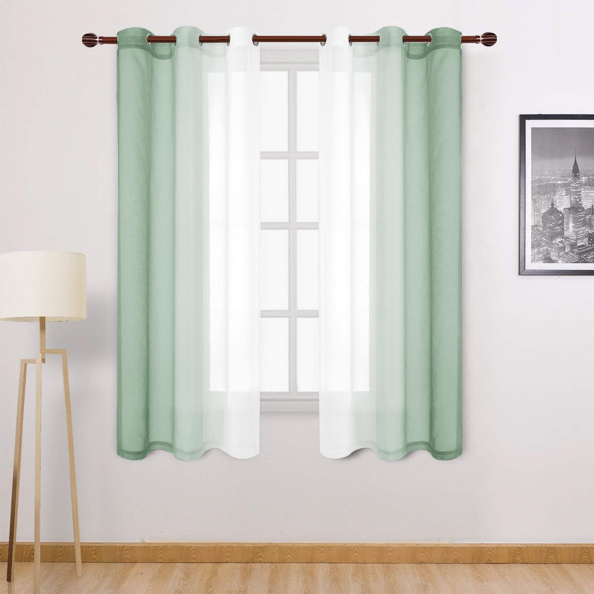 DWCN Blue Linen Ombre Sheer Curtains - Semi Voile Gradient Grommet Top Curtains for Bedroom and Living Room, Set of 2 Window Curtain Panels, 52 x 84 Inches Long, Denim Blue