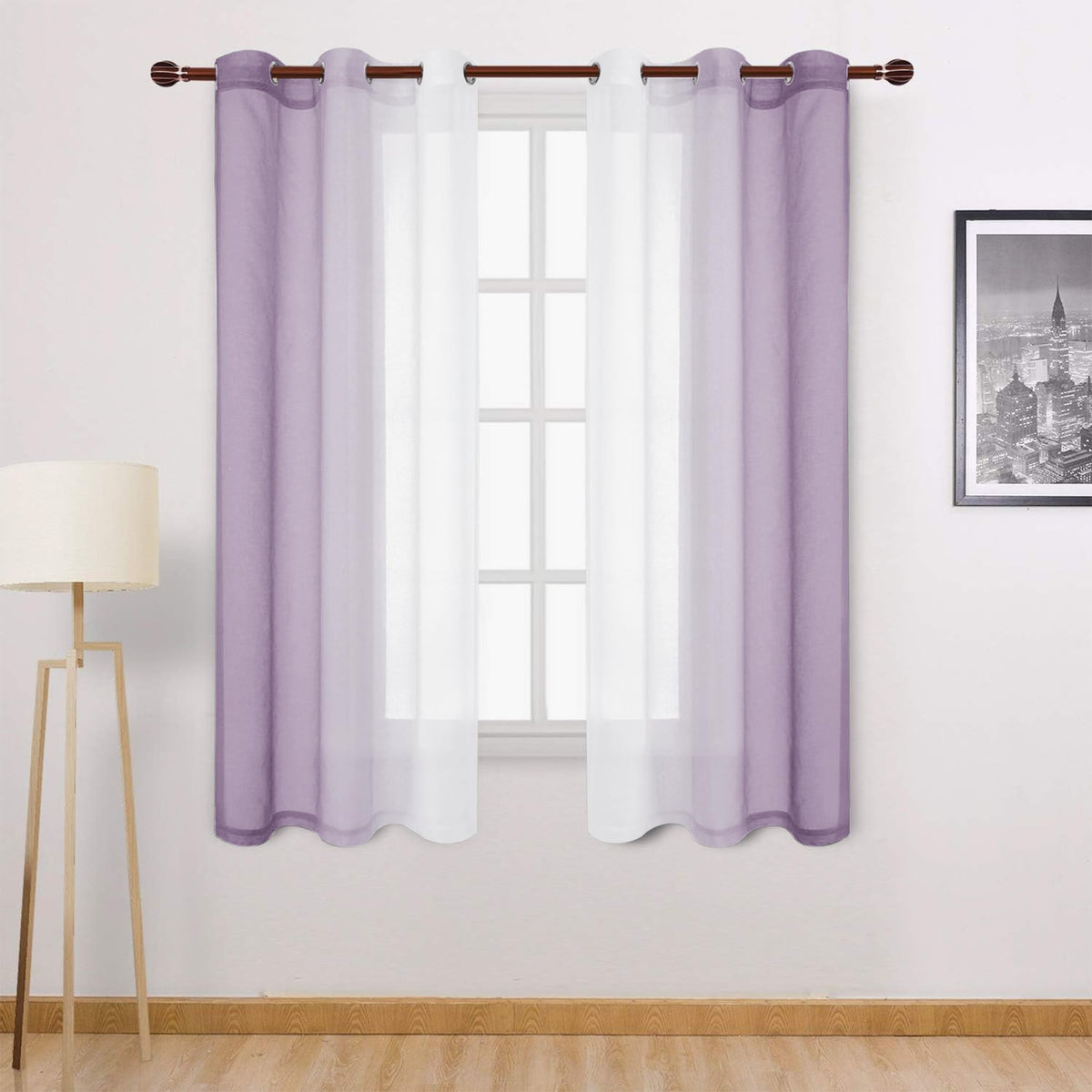 DWCN Blue Linen Ombre Sheer Curtains - Semi Voile Gradient Grommet Top Curtains for Bedroom and Living Room, Set of 2 Window Curtain Panels, 52 x 84 Inches Long, Denim Blue