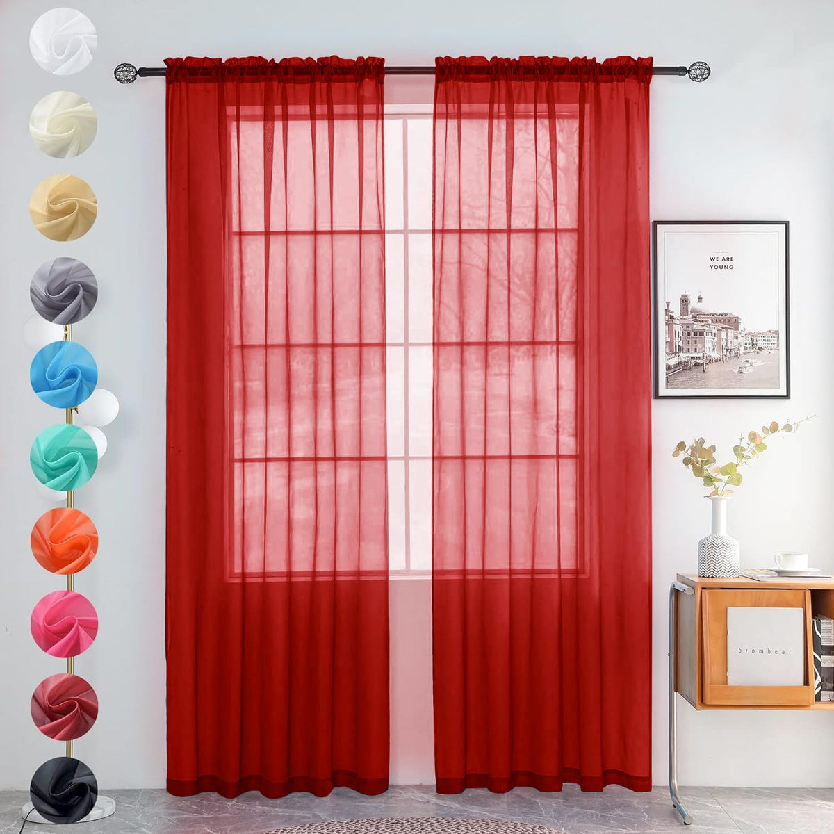 youleyar Solid Sheer Rod Pocket Curtain Voile Draperies 2 Panels White Beige Black Grey Coffee 52 Inch Width 84 Inch Long 1 Pair for Kitchen Bedroom Children Living Room Yard (Orange,52Wｘ84L)