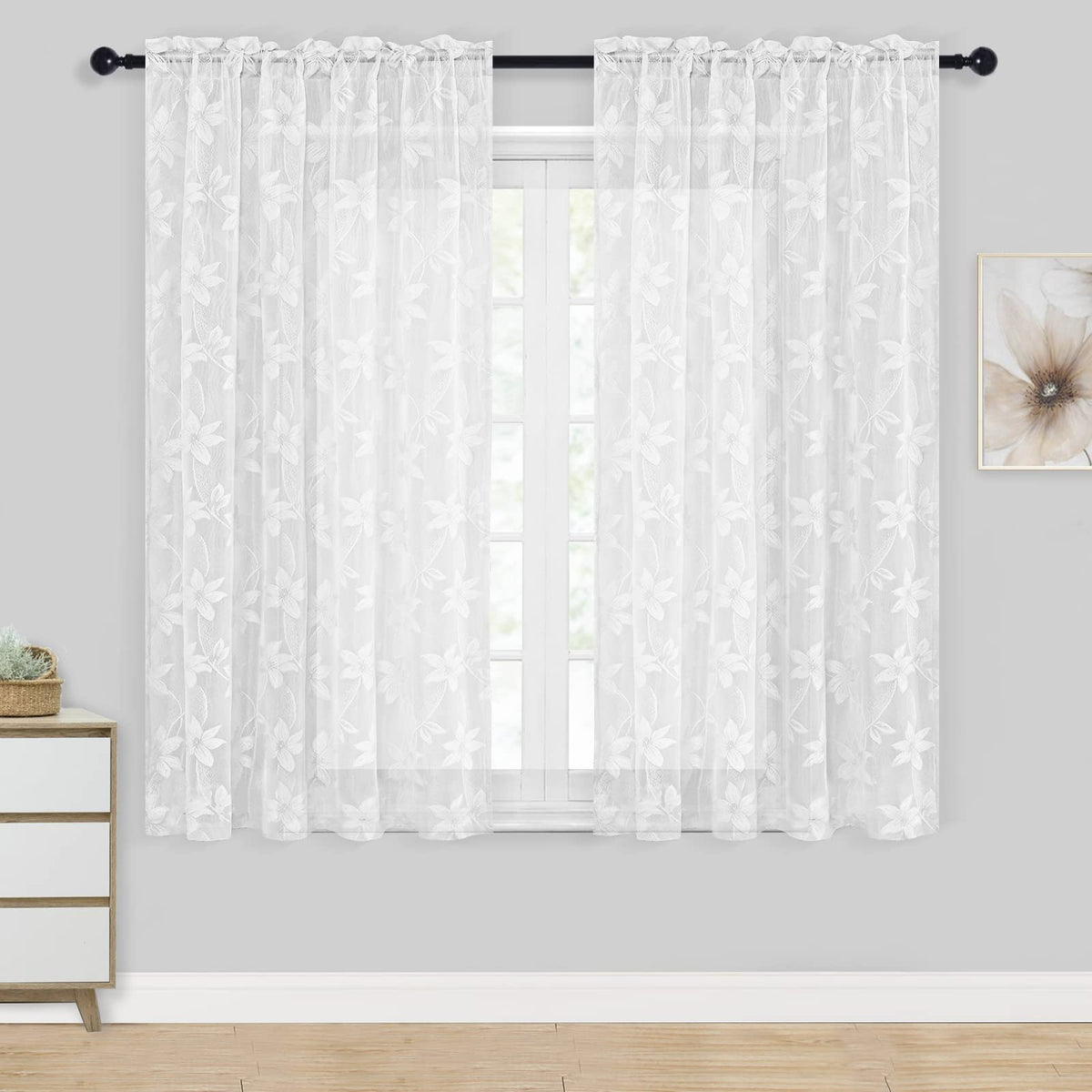 DWCN White Sheer Curtains - Short Curtains Floral Lace Design Rod Pocket Window Voile Sheer Drapes for Bedroom Kitchen Small Window 42 x 54 inch Length, 2 Panels White