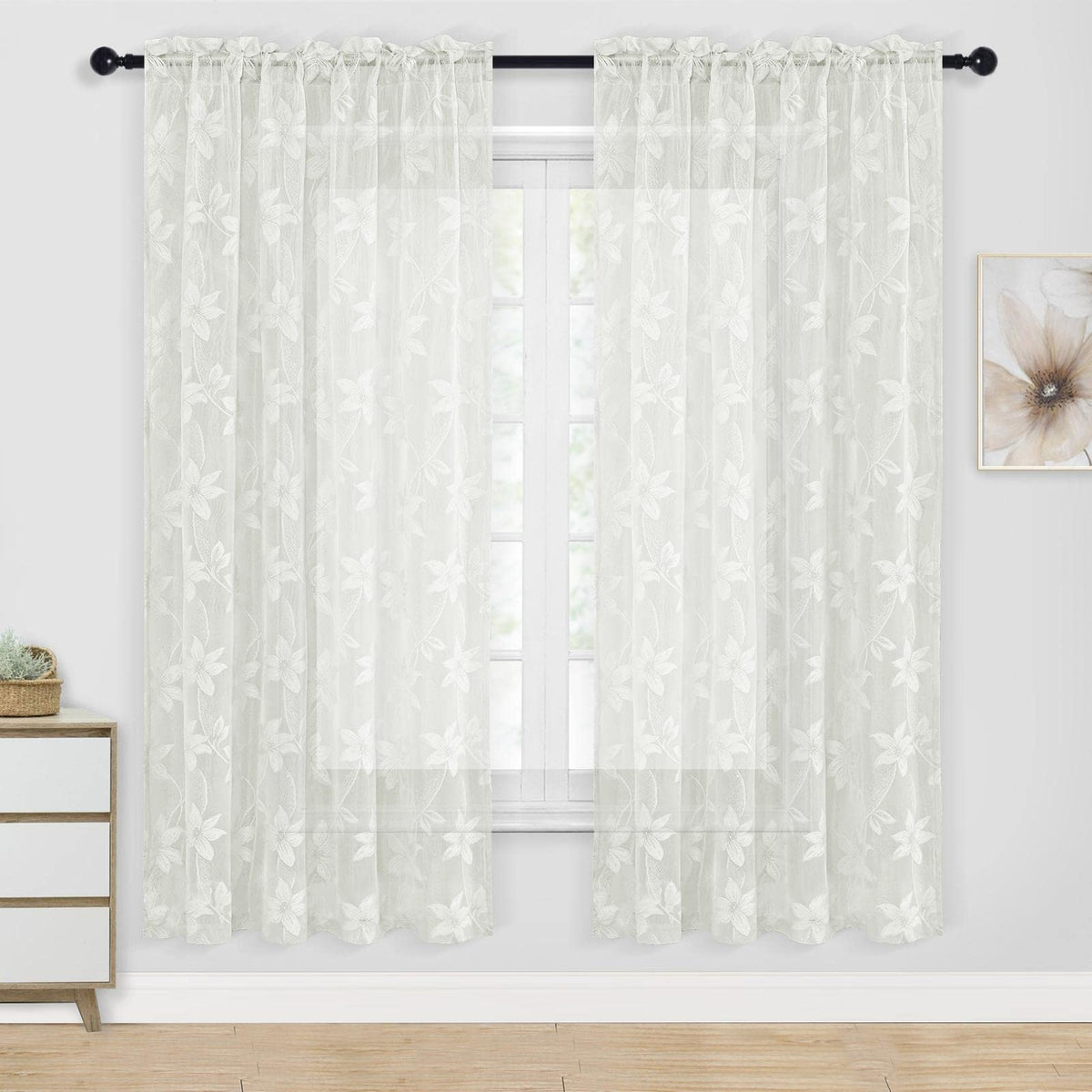 DWCN White Sheer Curtains - Short Curtains Floral Lace Design Rod Pocket Window Voile Sheer Drapes for Bedroom Kitchen Small Window 42 x 54 inch Length, 2 Panels White