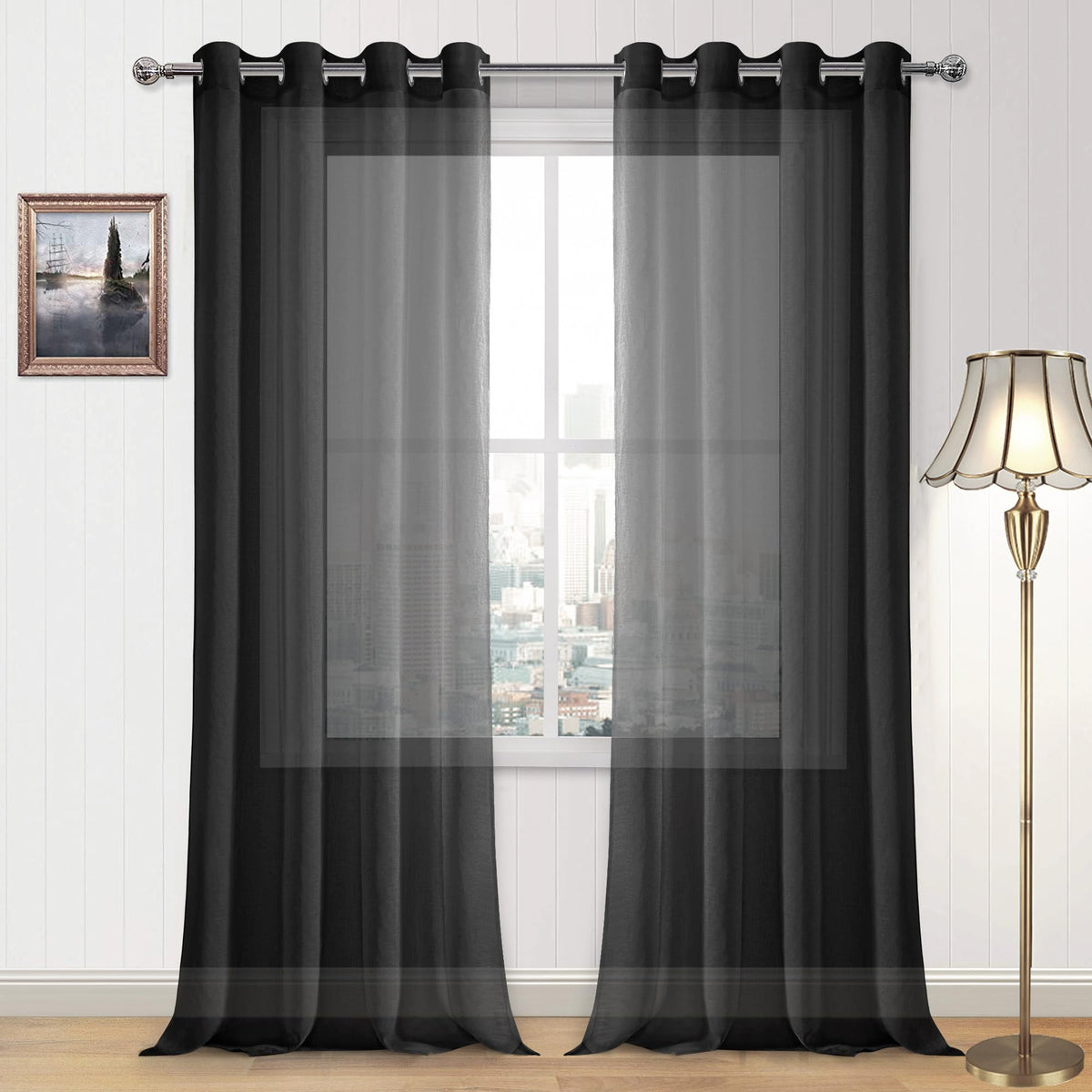 DWCN White Sheer Curtains Linen Look Semi Transparent Voile Grommet White Curtains for Living Dining Room Drapes 52 x 84 Inch Long, Set of 2 Panels