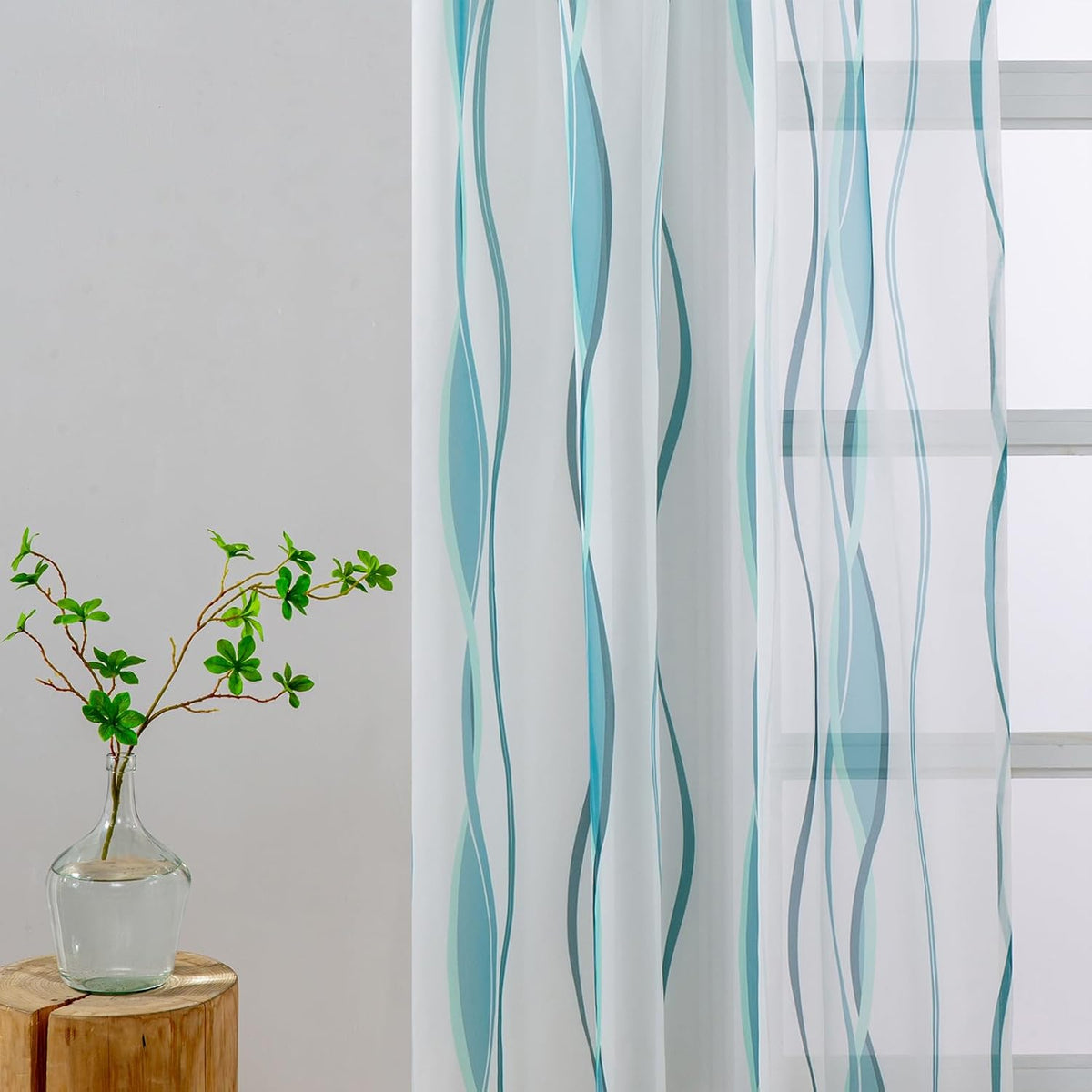 L.Z.E White and Teal Sheer Curtains 84 Inches Long, Light Filtering Elegant Patterned Curtains with Design for Living Room Bedroom Dining Room, Lightweight Window Drapes, Grommet Top 2 Panels Set