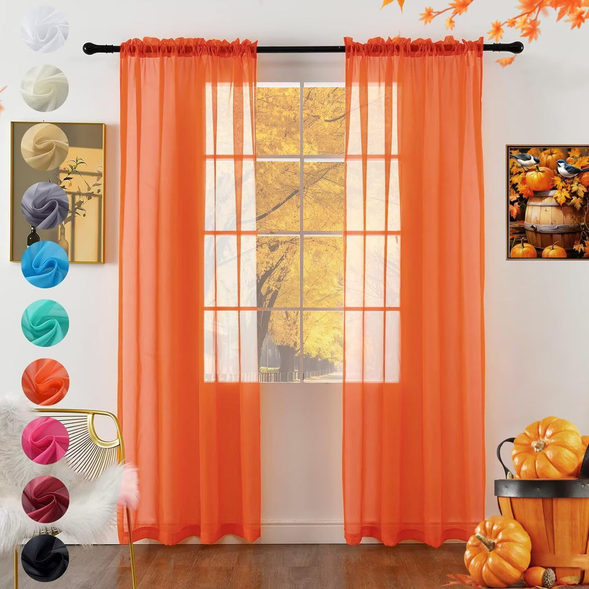 youleyar Solid Sheer Rod Pocket Curtain Voile Draperies 2 Panels White Beige Black Grey Coffee 52 Inch Width 84 Inch Long 1 Pair for Kitchen Bedroom Children Living Room Yard (Orange,52Wｘ84L)