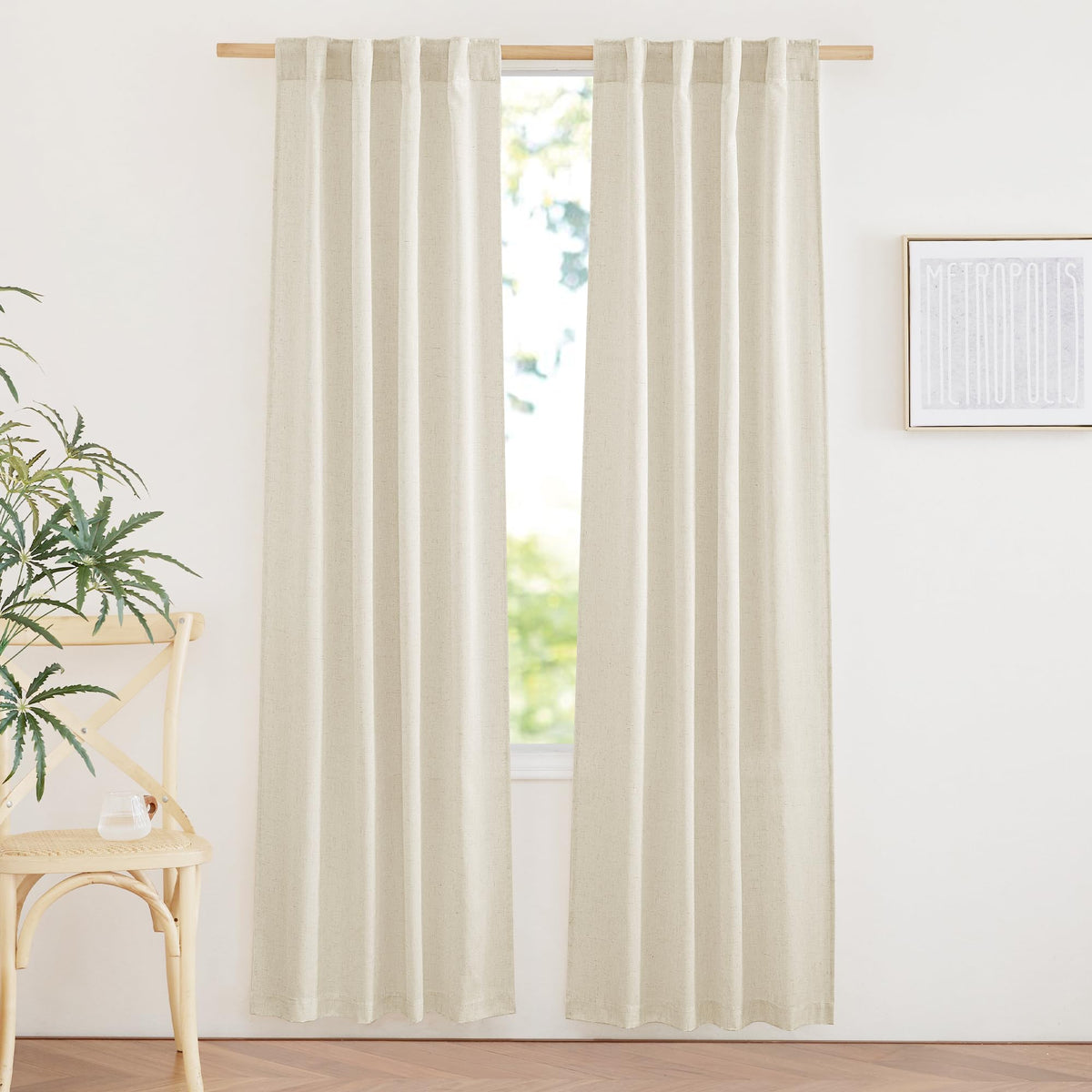 NICETOWN Natural Linen Curtains & Drapes for Windows 84 inch Long, Rod Pocket & Back Tab Thick Flax Semi Sheer Privacy Assured with Light Filtering for Bedroom/Living Room, W55 x L84, 2 Pieces