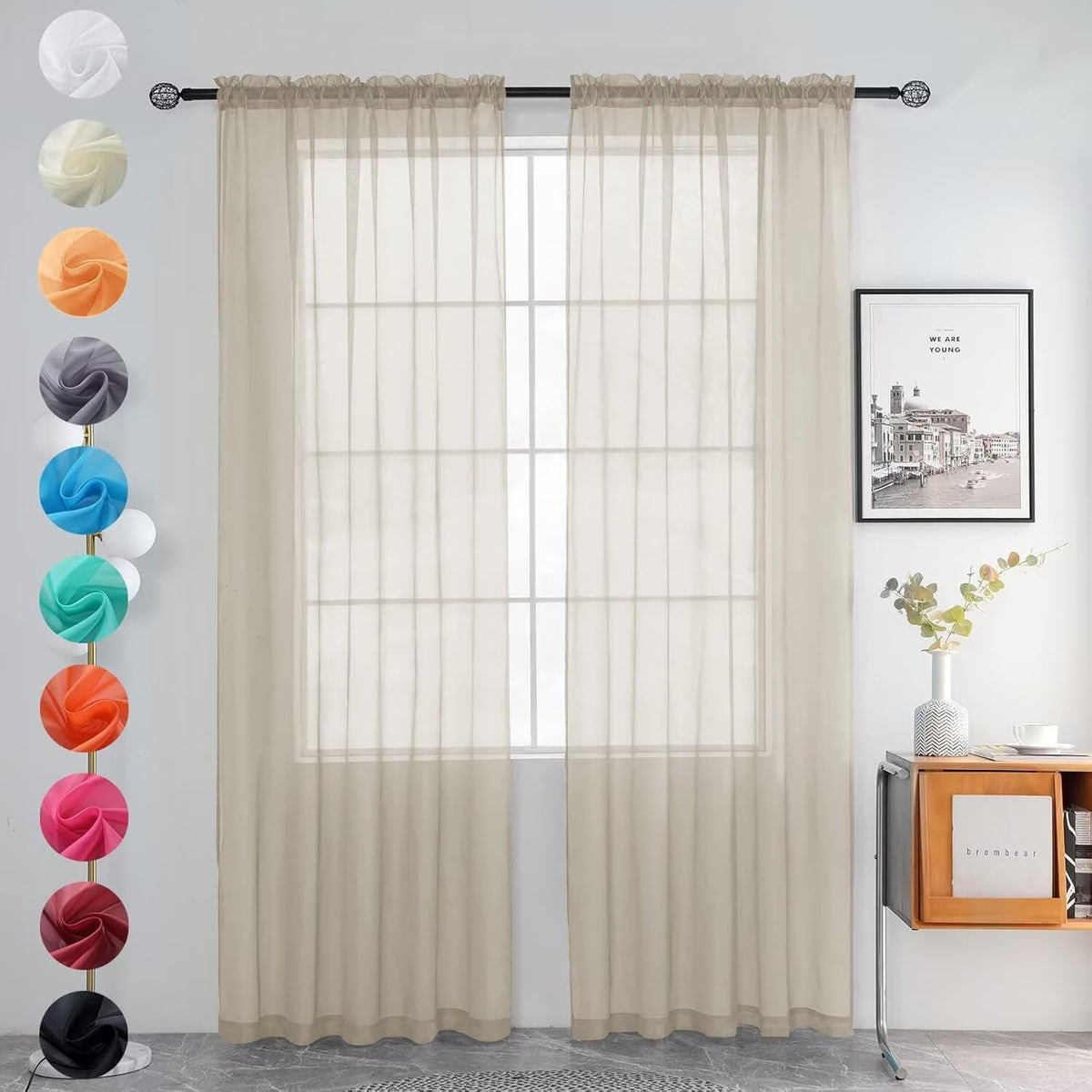 youleyar Solid Sheer Rod Pocket Curtain Voile Draperies 2 Panels White Beige Black Grey Coffee 52 Inch Width 84 Inch Long 1 Pair for Kitchen Bedroom Children Living Room Yard (Orange,52Wｘ84L)