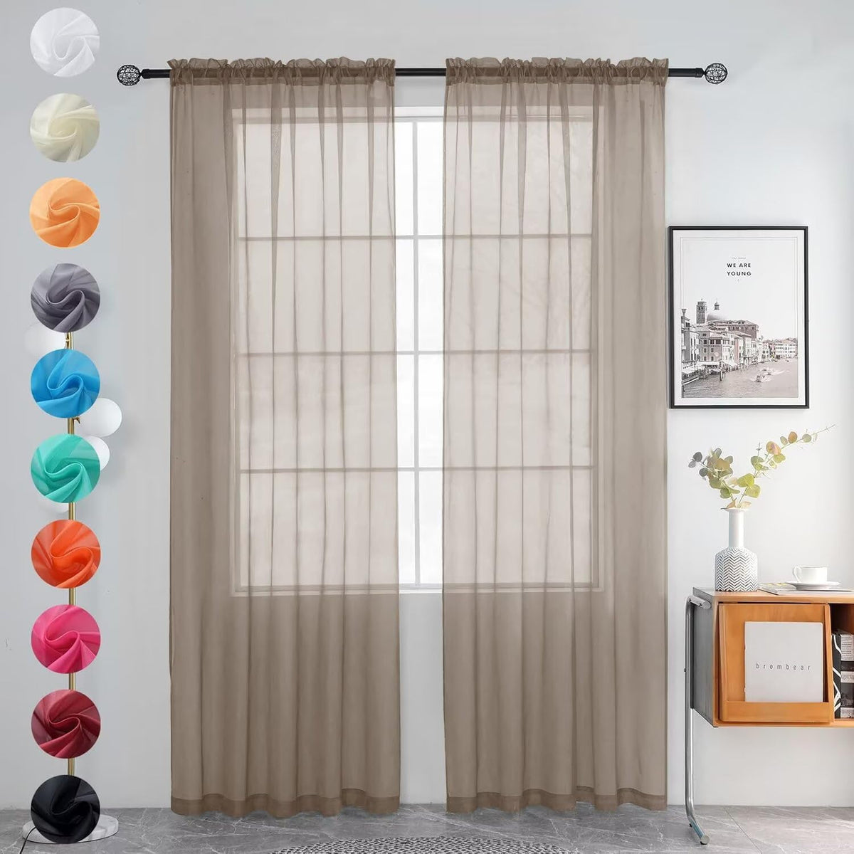 youleyar Solid Sheer Rod Pocket Curtain Voile Draperies 2 Panels White Beige Black Grey Coffee 52 Inch Width 84 Inch Long 1 Pair for Kitchen Bedroom Children Living Room Yard (Orange,52Wｘ84L)