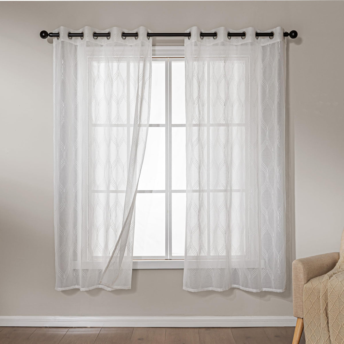 Amazon Basics Lace Sheer Curtains for Living Room and Bedroom, 2-Panel Set with Grommet, 42" W × 63" L, White Cloverleaf