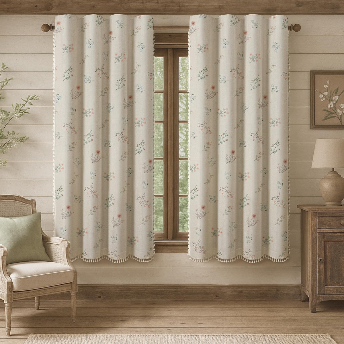 Boho Floral Light Filtering Curtains 84 Inch 2 Panels Linen Texture