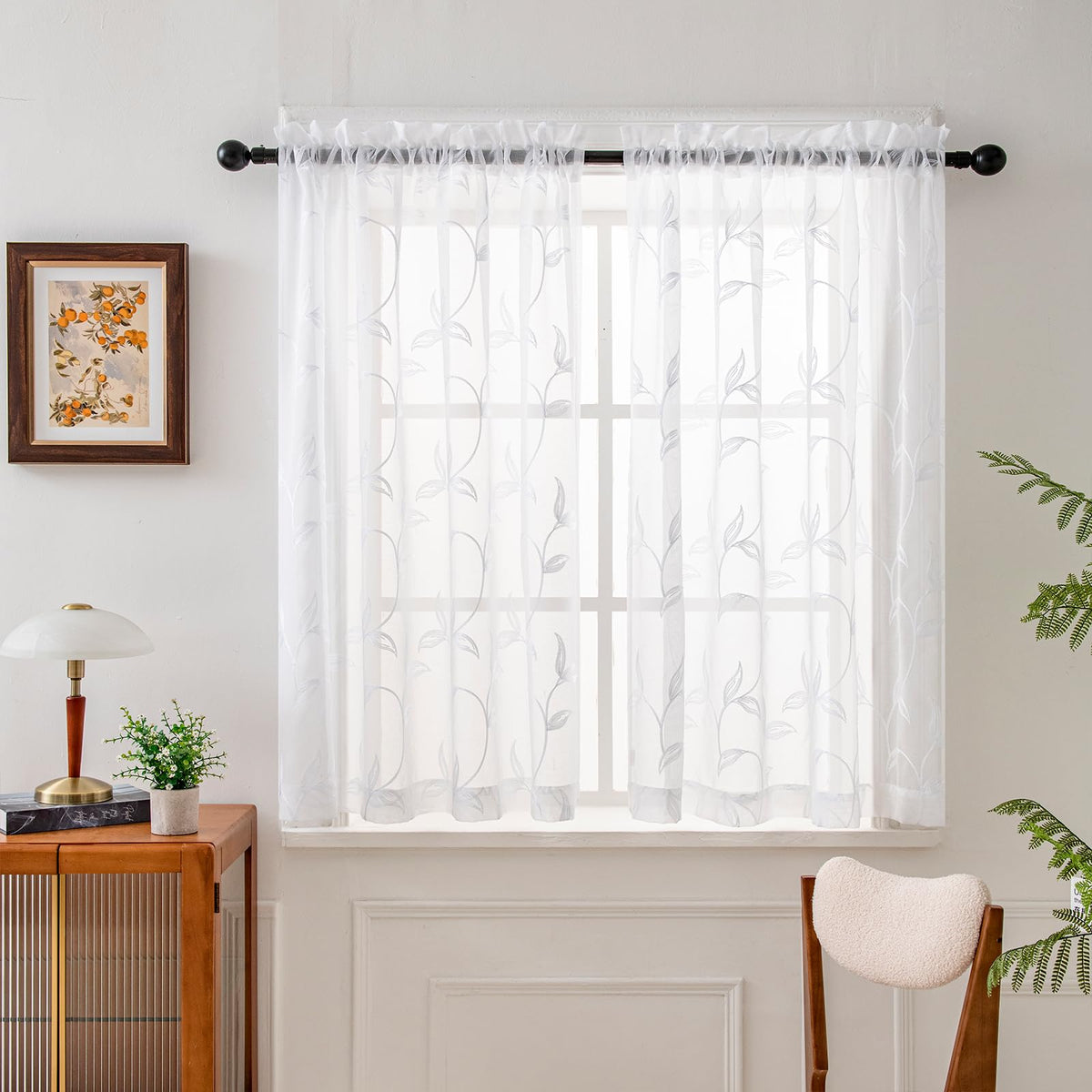 VISIONTEX Sheer Curtains Boho Leaf Floral Embroidered Cream Beige 54Wx84L