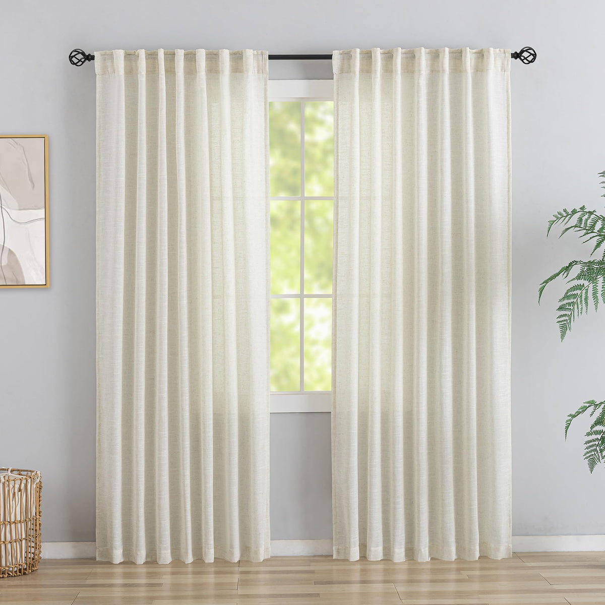 Natural Linen 144 Inch Length Curtains for Tall Floor Ceiling Villa Living Room -Cream Ivory Bak Tab Hooks Pleated Easy Open Sliding Semi Sheer 144 inch Extra Long 2 Story Window Curtains,12 Foot