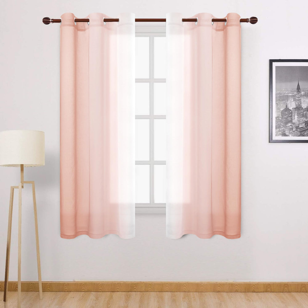 DWCN Blue Linen Ombre Sheer Curtains - Semi Voile Gradient Grommet Top Curtains for Bedroom and Living Room, Set of 2 Window Curtain Panels, 52 x 84 Inches Long, Denim Blue