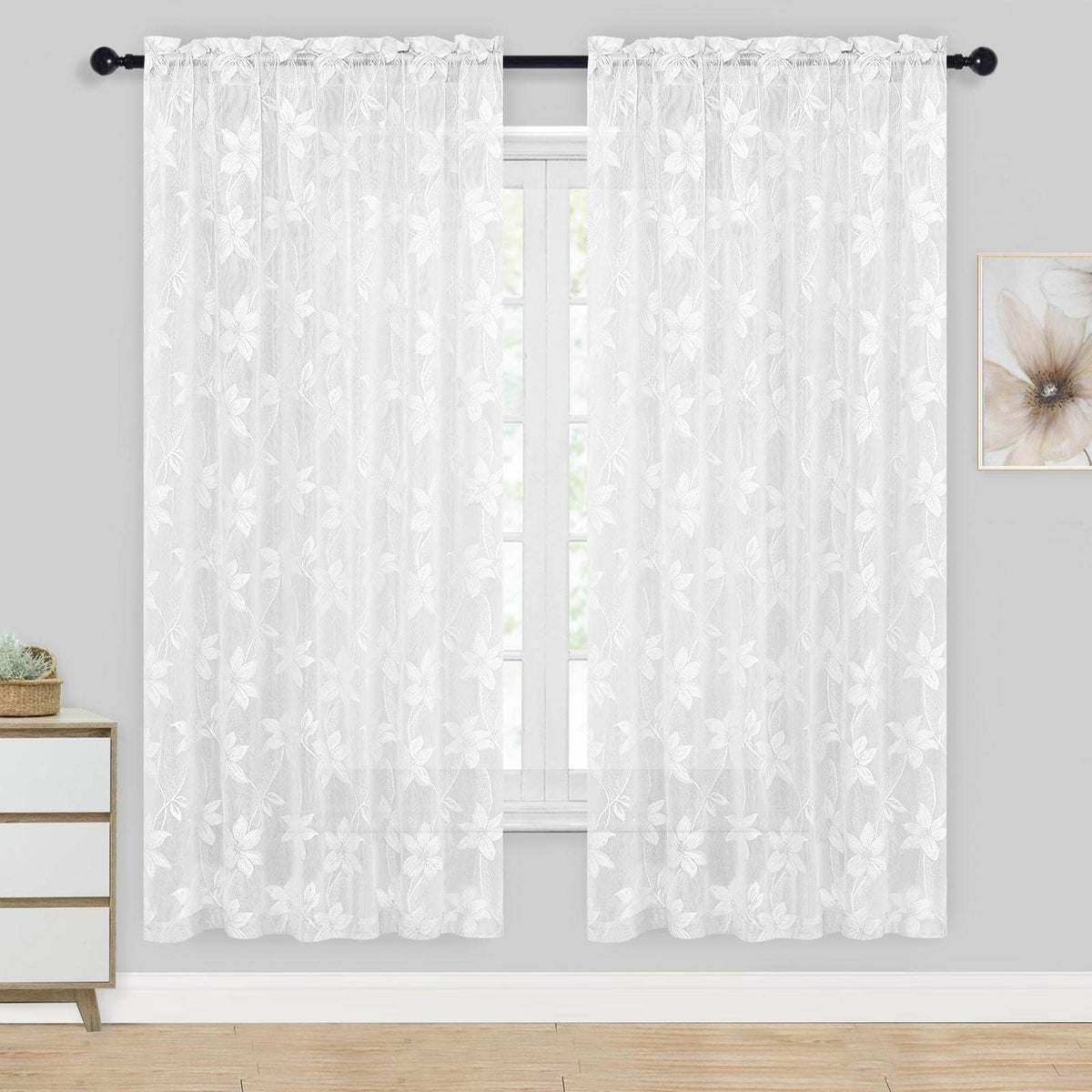 DWCN White Sheer Curtains - Short Curtains Floral Lace Design Rod Pocket Window Voile Sheer Drapes for Bedroom Kitchen Small Window 42 x 54 inch Length, 2 Panels White