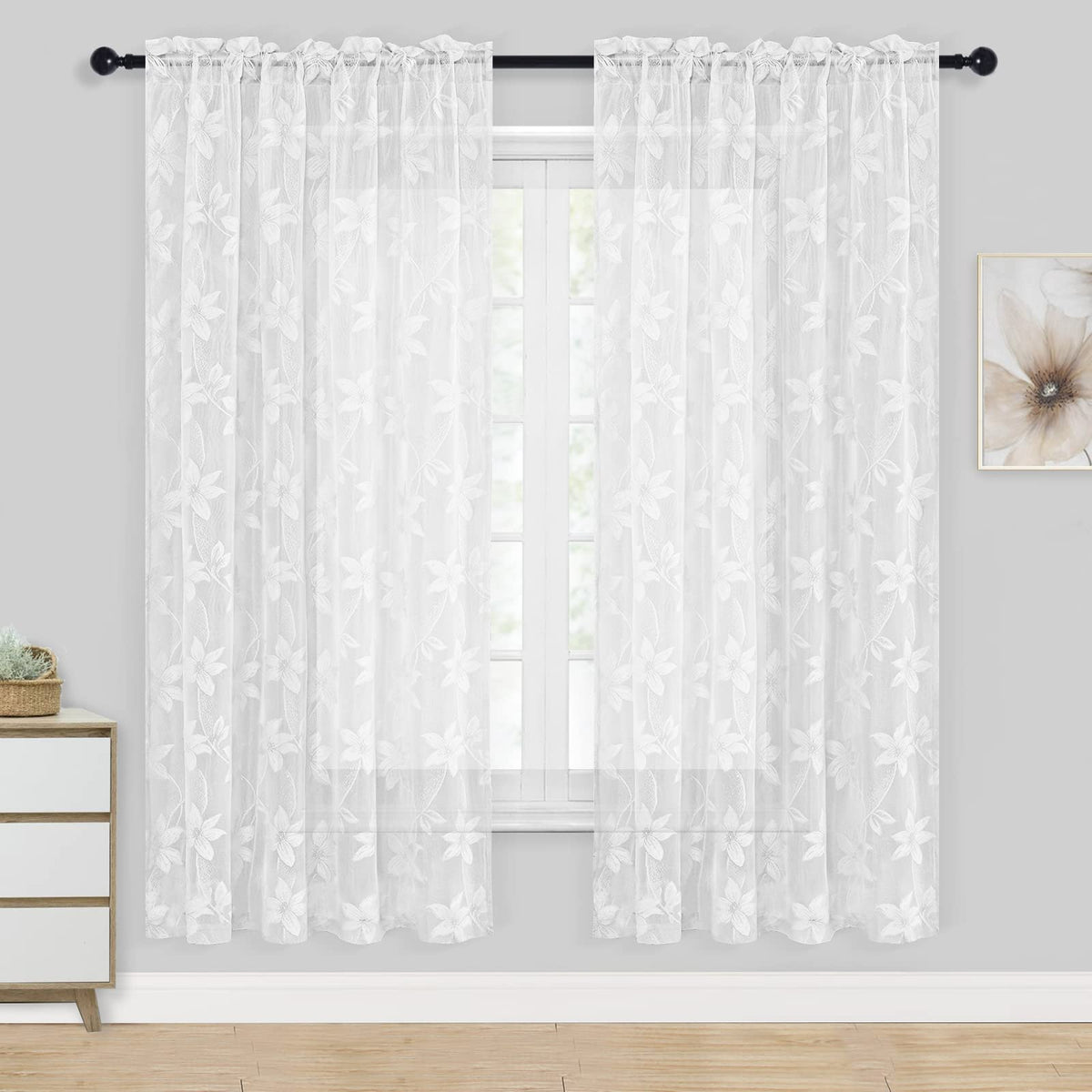 DWCN White Sheer Curtains - Short Curtains Floral Lace Design Rod Pocket Window Voile Sheer Drapes for Bedroom Kitchen Small Window 42 x 54 inch Length, 2 Panels White