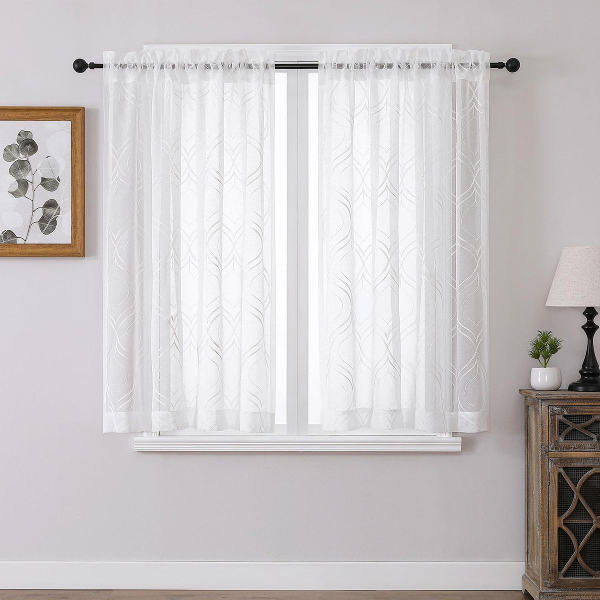 VISIONTEX White Sheer Curtains Grey Moroccan Embroidered 63 Inch Length