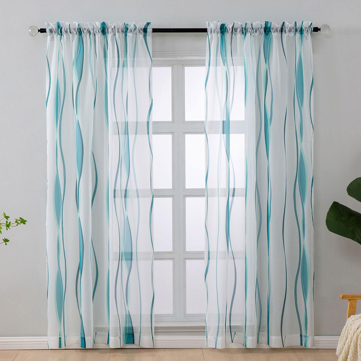 L.Z.E White and Teal Sheer Curtains 84 Inches Long, Light Filtering Elegant Patterned Curtains with Design for Living Room Bedroom Dining Room, Lightweight Window Drapes, Grommet Top 2 Panels Set