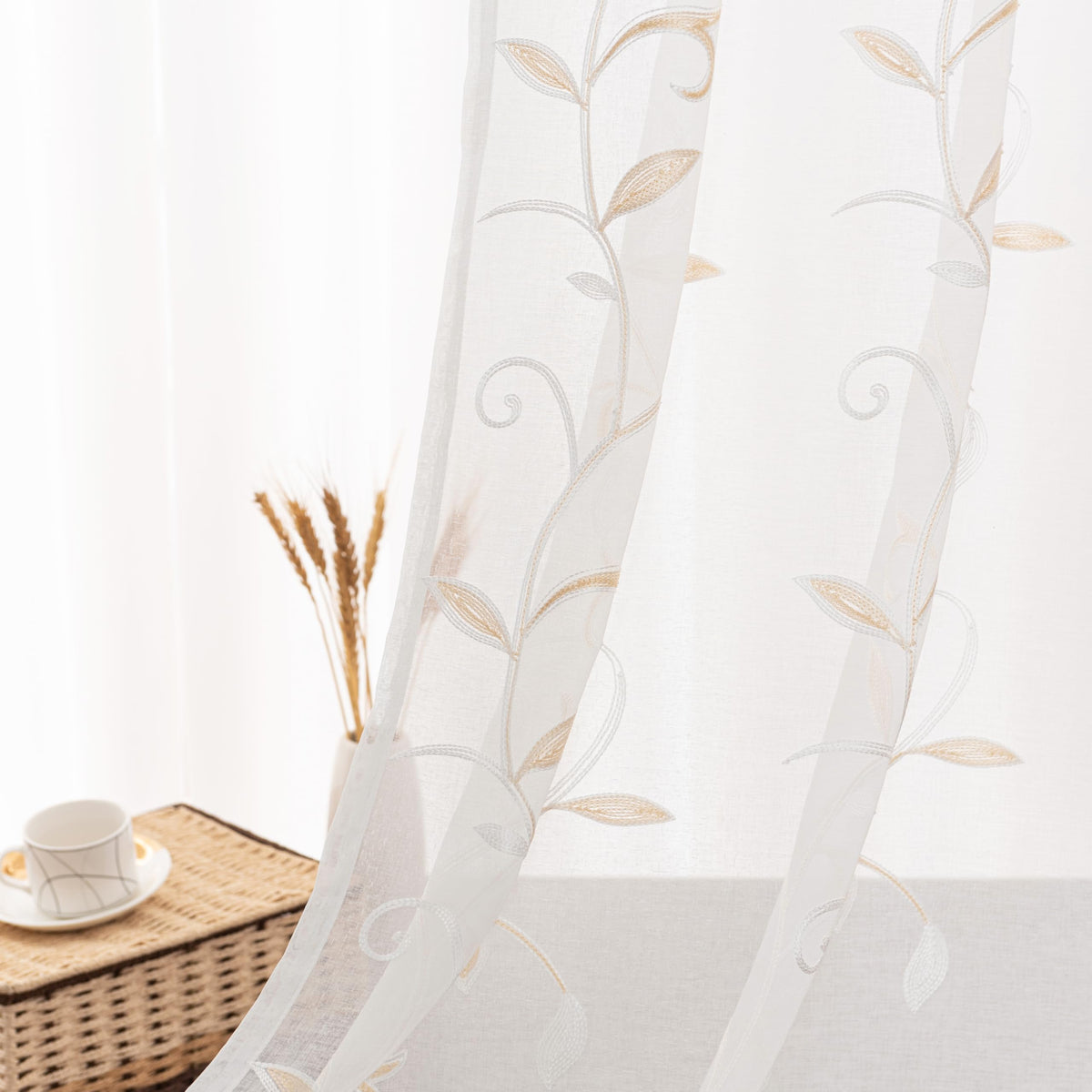 VISIONTEX Sheer Curtains Boho Leaf Floral Embroidered Cream Beige 54Wx84L
