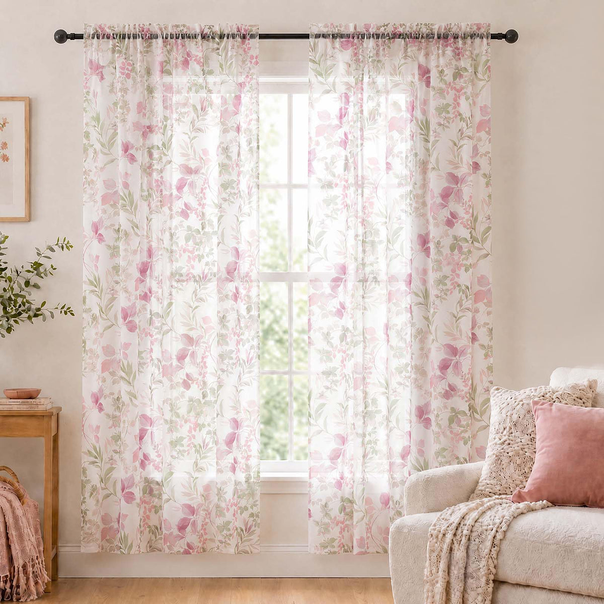 OWENIE Crushed Sheer Curtains 63 Inch Length 2 Panels Set, Sheer Floral Curtians with Printed Leaves Design, Printing Drapes for Living Room, Rod Pocket Light Filtering Window Sheers 42" W x 63" L