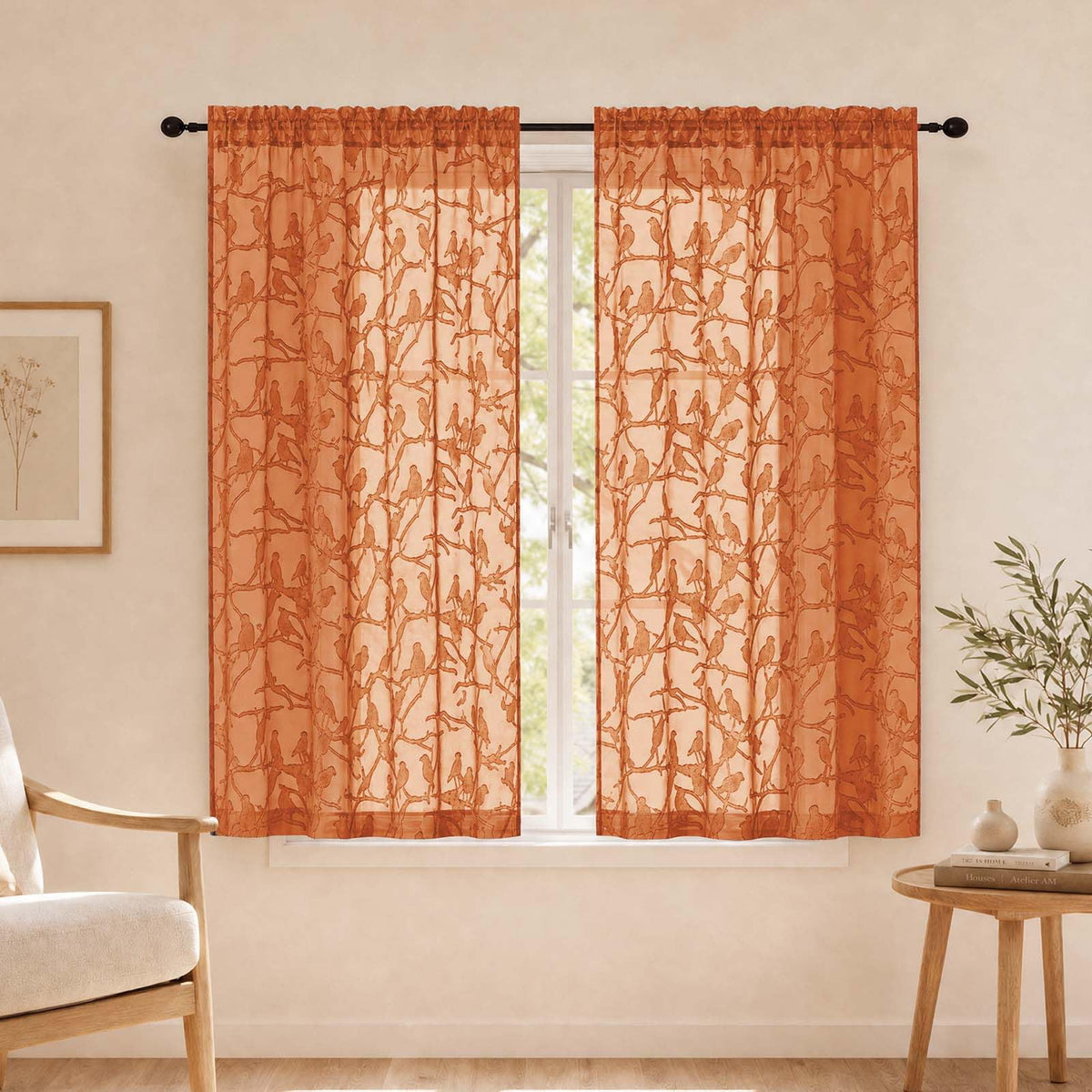 OVZME Sage Green Sheer Curtains 63 Inch Length 2 Panel Set, Light Filtering Bedroom Curtains with Dual Rod Pocket Top, Leaf Bird Clip Jacquard Sheer Farmhouse Window Drapes for Living Room, 2x38Wx63L