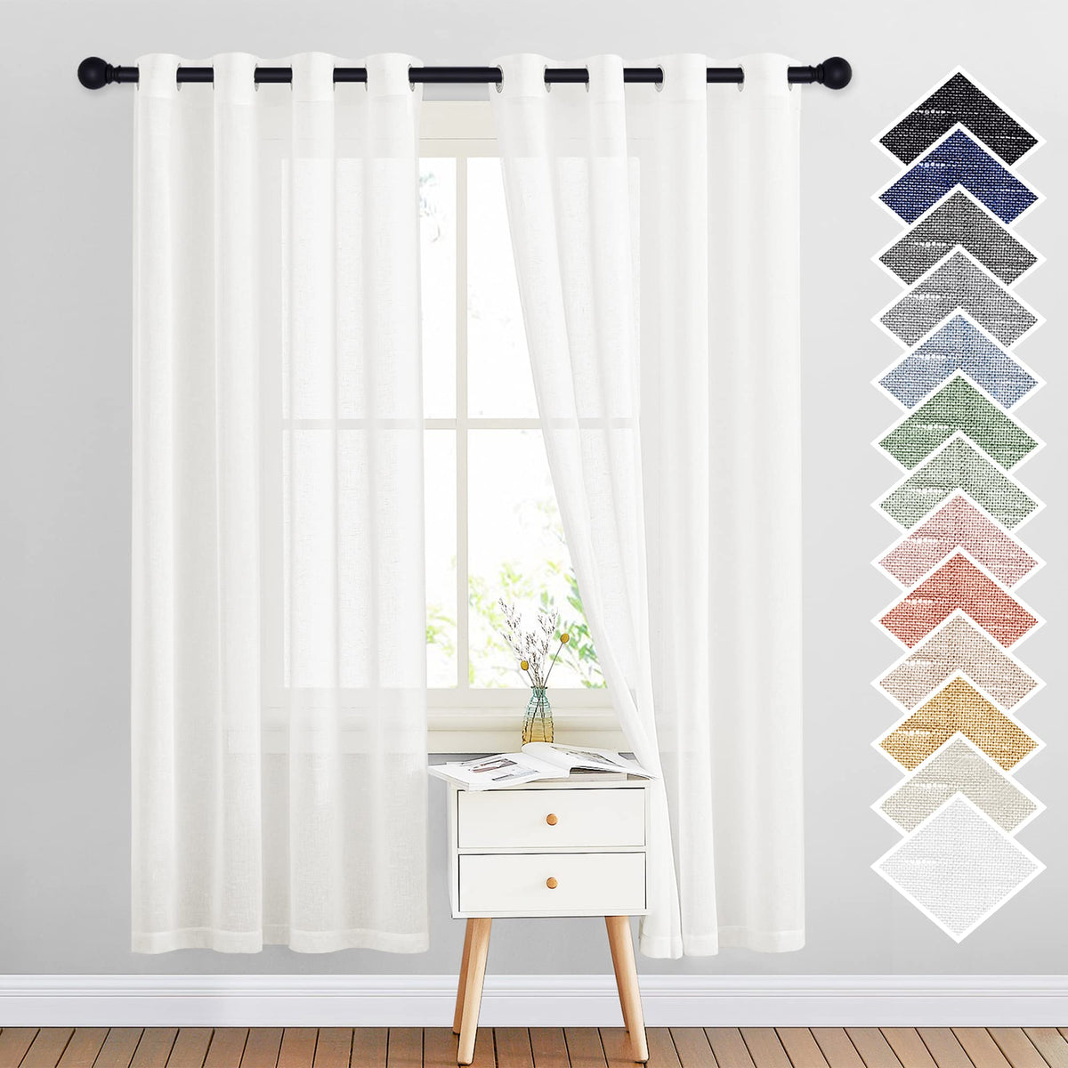NICETOWN White Sheer Linen Curtains 84 Inch Length 2 Panels Set, W52xL84