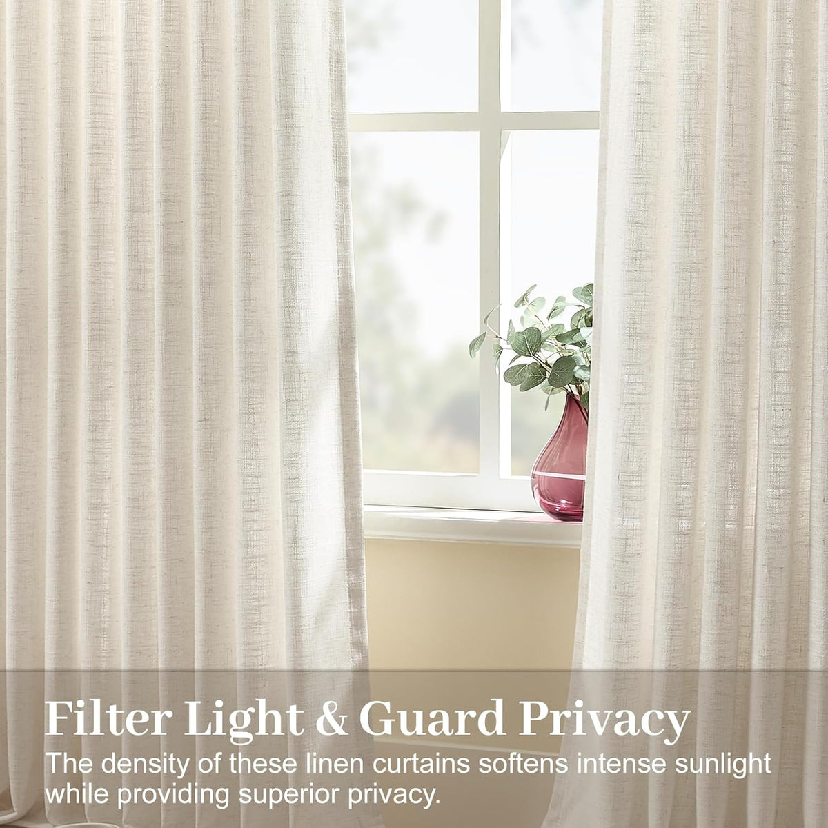 Pinch Pleated Linen Curtains 96 Inches Semi Sheer Light Filtering, 2 Panels