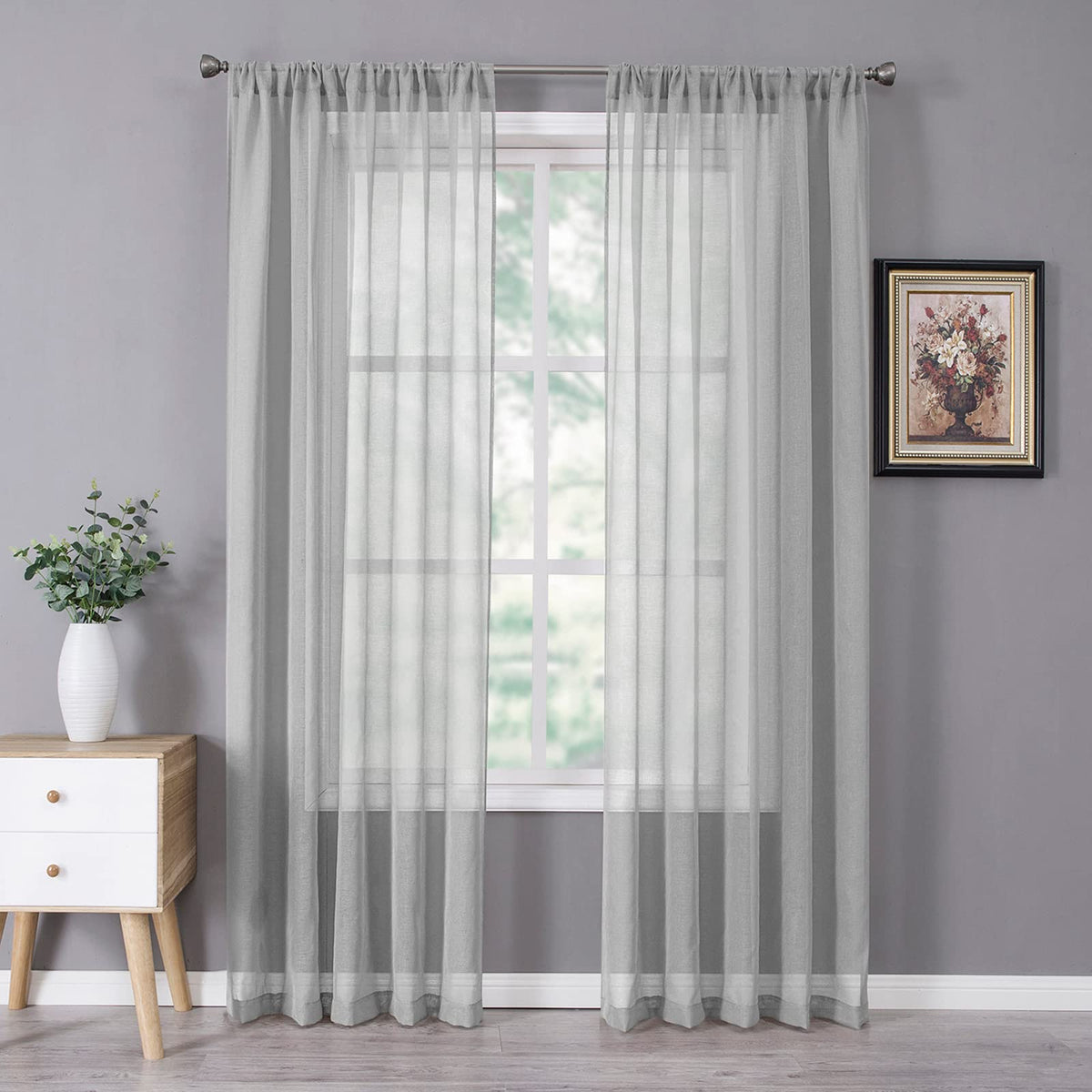 Tollpiz Sheer Curtains Linen Textured Bedroom Curtain Sheers Light Filtering Rod Pocket Voile Curtains for Living Room, 54 x 63 inches Long, White, Set of 2 Panels