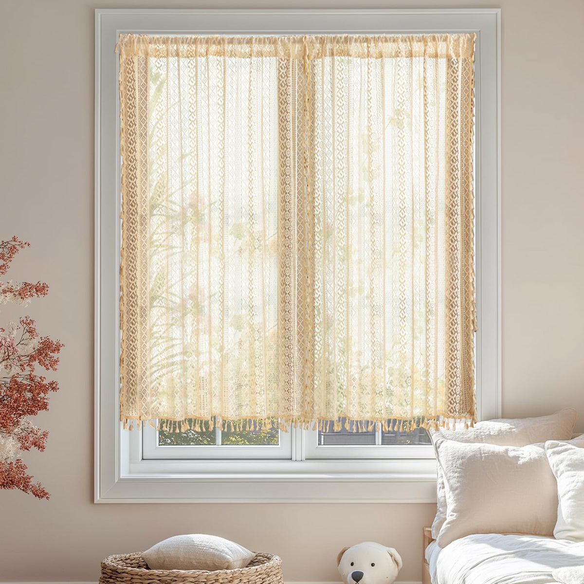 Sutuo Home Terracotta Boho Lace Curtains 2 Panels 84 Inches Long for Living Room&Bedroom, Burnt Orange Crochet Privacy Farmhouse Vintage Tassels Retro Halloween Window Sheer Curtains Rod Pocket,50" W