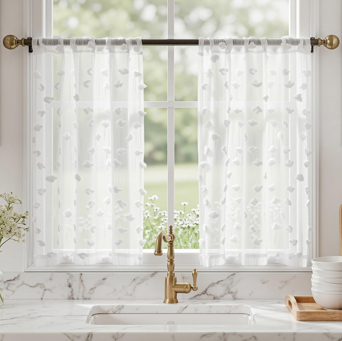 MYSKY HOME Beige Boho Sheer Curtains with Cream Pom Pom 50Wx84L,2 Panels