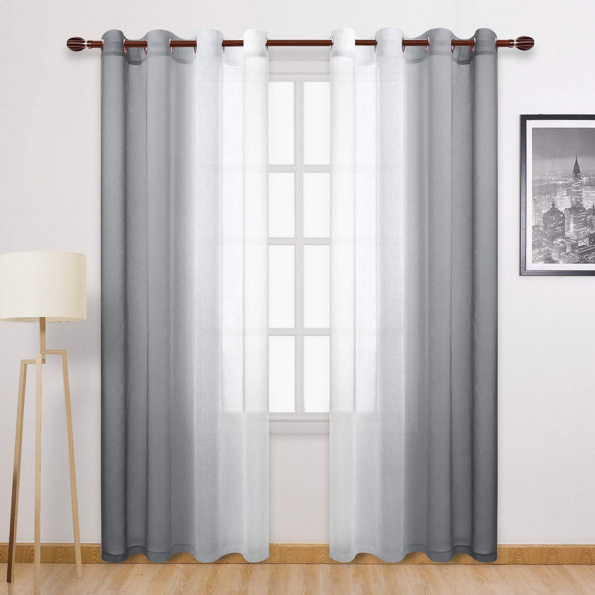 DWCN Blue Linen Ombre Sheer Curtains - Semi Voile Gradient Grommet Top Curtains for Bedroom and Living Room, Set of 2 Window Curtain Panels, 52 x 84 Inches Long, Denim Blue