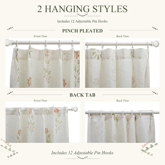 Sanceor Pinch Pleated Curtains Light Filtering Red Floral Curtains for Living Room Bedroom Dining Room 84 Inches Luxury Linen Drapes Farmhouse Window Curtains with Hooks - 2 Panels Set, 38" x 84"