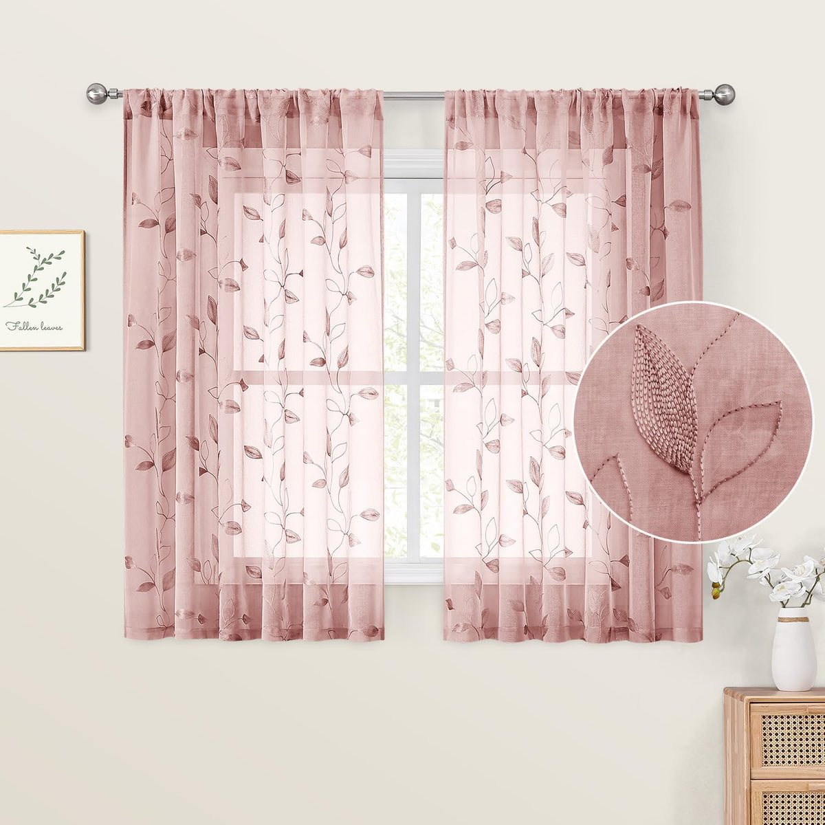 HOMEIDEAS Sage Green Sheer Curtains Leaf Embroidered, 52x84 Inch, 2 Panels