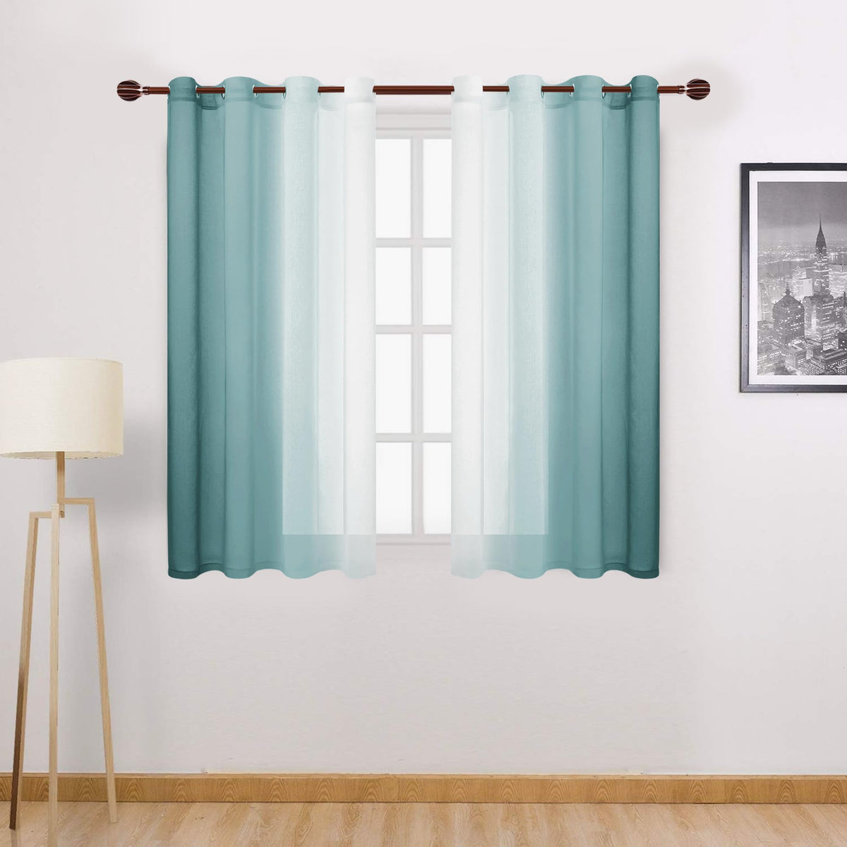 DWCN Blue Linen Ombre Sheer Curtains - Semi Voile Gradient Grommet Top Curtains for Bedroom and Living Room, Set of 2 Window Curtain Panels, 52 x 84 Inches Long, Denim Blue