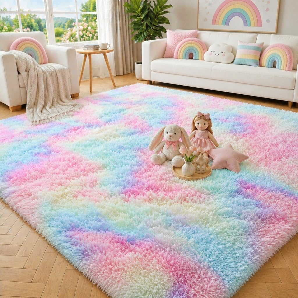 Rainbow Area Rugs for Girls Bedroom Fluffy Soft Vibrant Rugs Kids Playroom