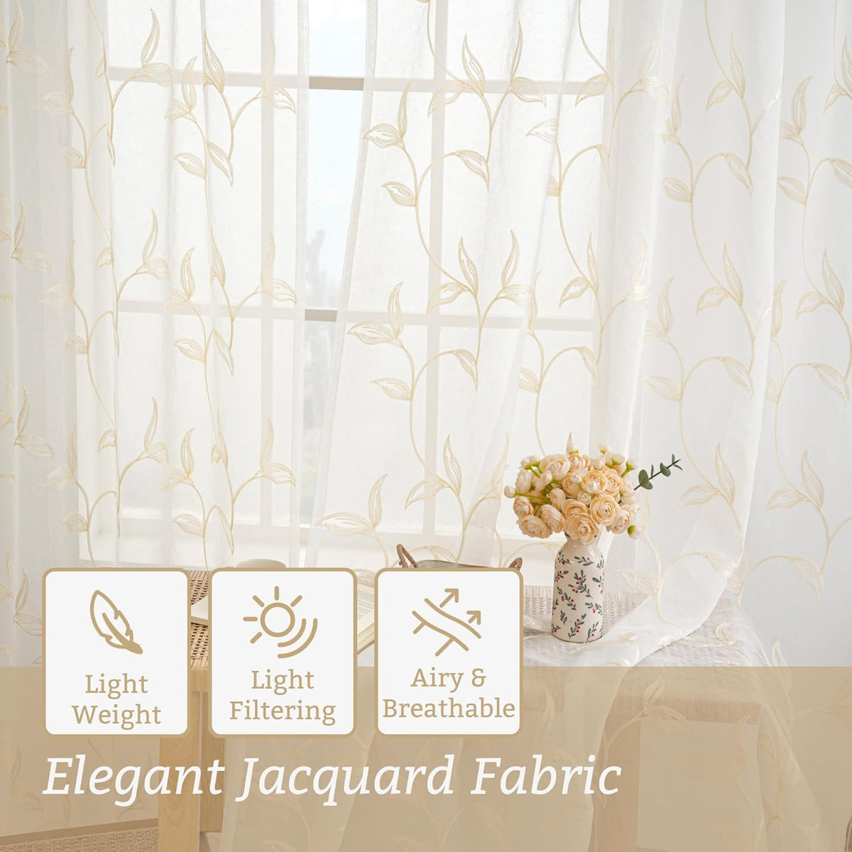 VISIONTEX Sheer Curtains Boho Leaf Floral Embroidered Cream Beige 54Wx84L