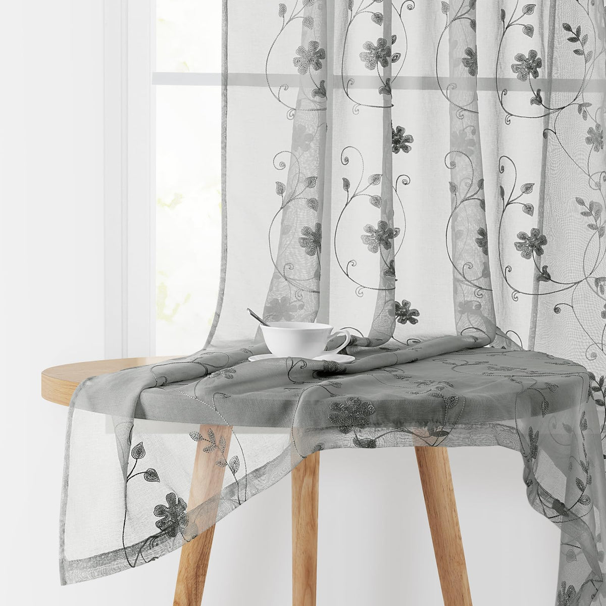 HOMEIDEAS Sage Green Sheer Curtains Leaf Embroidered, 52x84 Inch, 2 Panels