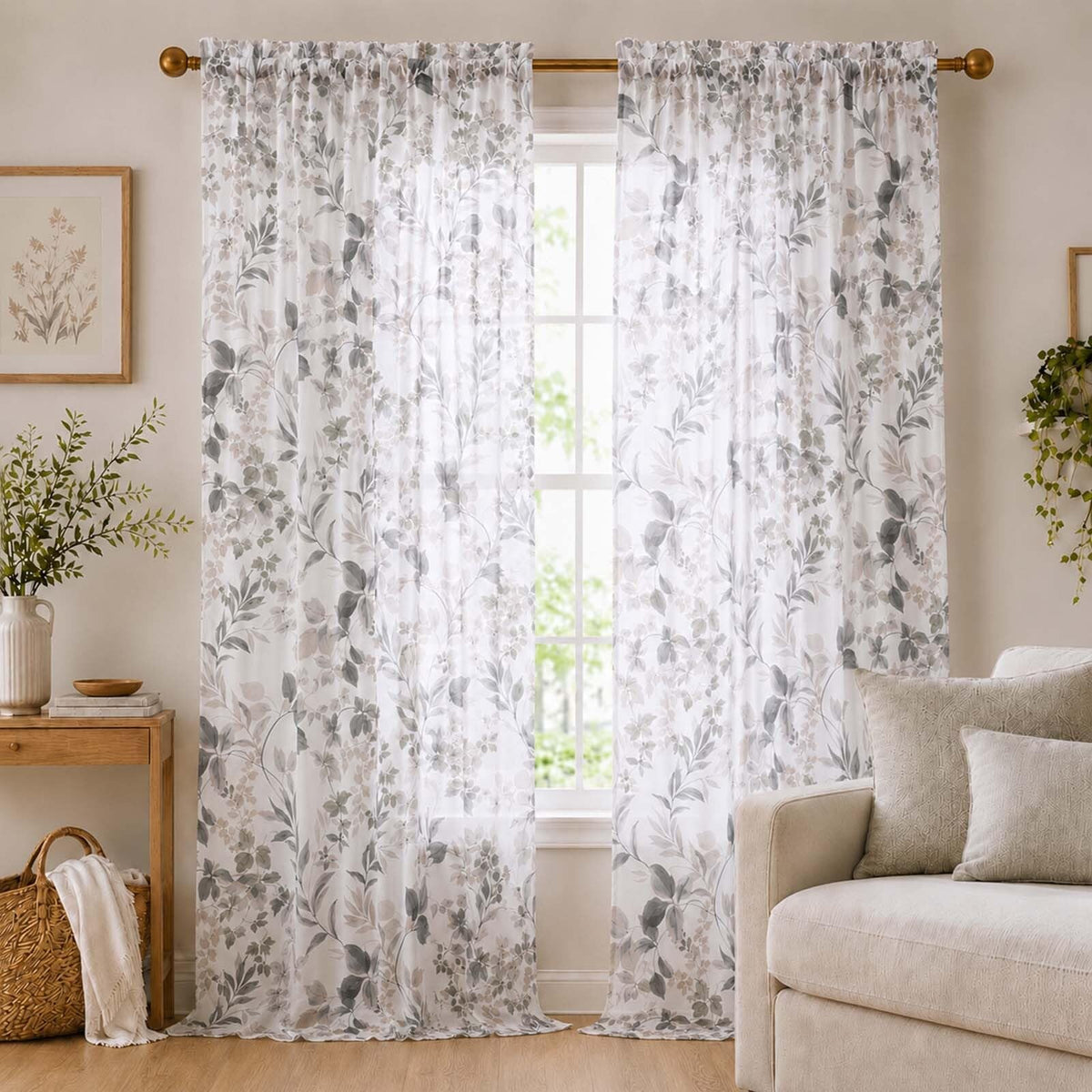 OWENIE Crushed Sheer Curtains 63 Inch Length 2 Panels Set, Sheer Floral Curtians with Printed Leaves Design, Printing Drapes for Living Room, Rod Pocket Light Filtering Window Sheers 42" W x 63" L