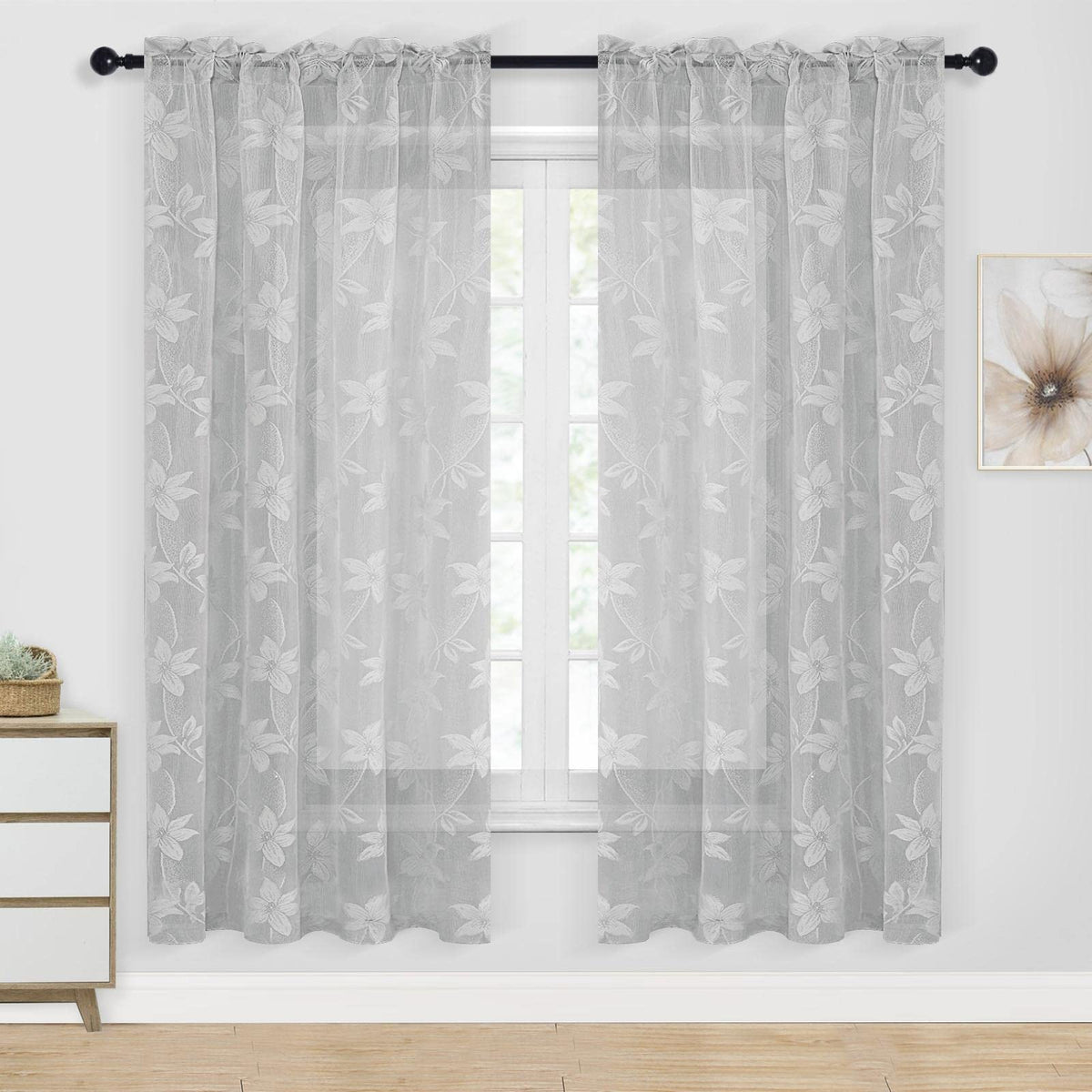 DWCN White Sheer Curtains - Short Curtains Floral Lace Design Rod Pocket Window Voile Sheer Drapes for Bedroom Kitchen Small Window 42 x 54 inch Length, 2 Panels White
