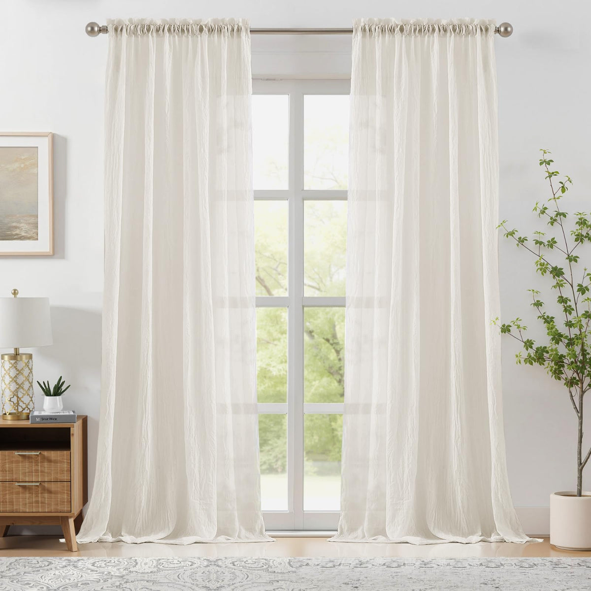 Melodieux Blush Pink Cotton Sheer Curtains 84 Inches Long, Bedroom Living Room Natural Light Filtering Crepe Voile Drapes Rustic Crinkle Linen Sheer Curtains Rod Pocket, 52" W x 84" L, 2 Panels
