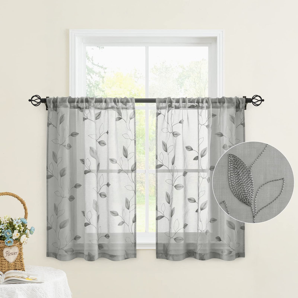 HOMEIDEAS Sage Green Sheer Curtains Leaf Embroidered, 52x84 Inch, 2 Panels