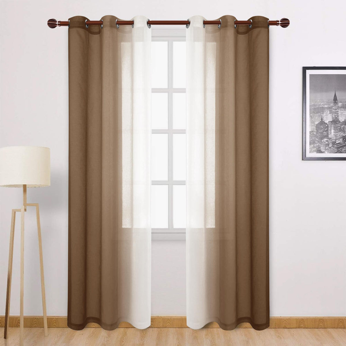 DWCN Blue Linen Ombre Sheer Curtains - Semi Voile Gradient Grommet Top Curtains for Bedroom and Living Room, Set of 2 Window Curtain Panels, 52 x 84 Inches Long, Denim Blue