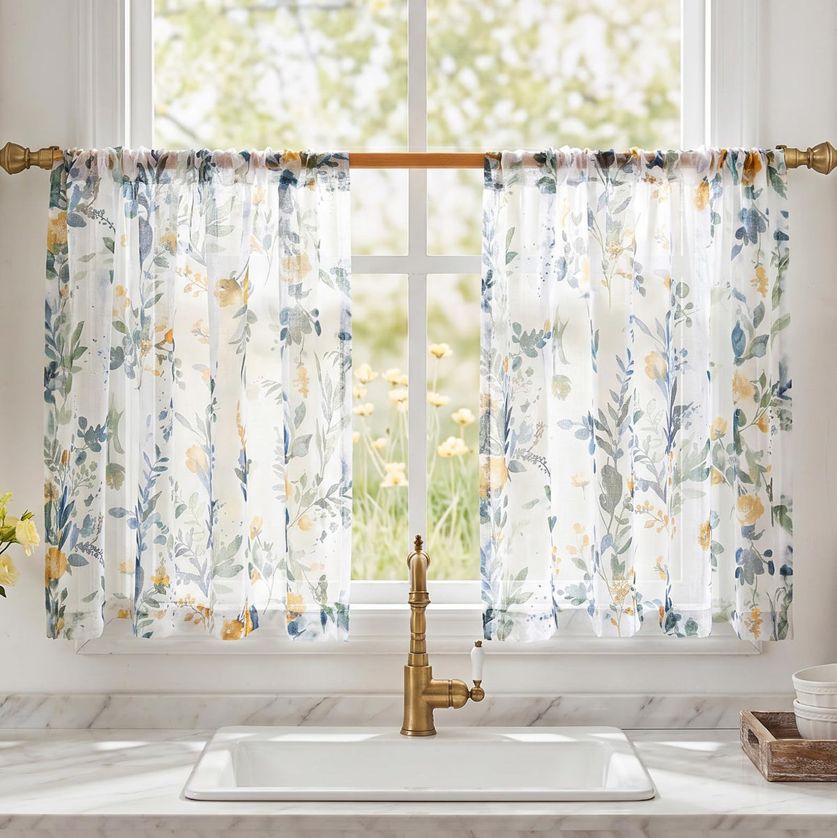 MYSKY HOME Yellow and Blue Sheer Floral Curtains 84 Inch Length 2 Panels
