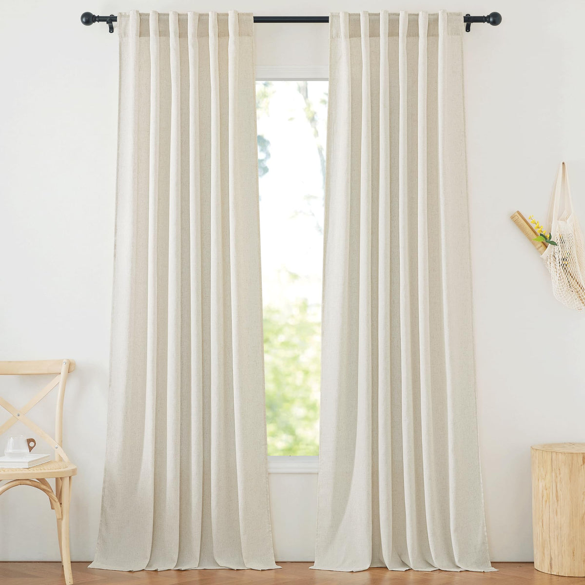 NICETOWN Natural Linen Curtains & Drapes for Windows 84 inch Long, Rod Pocket & Back Tab Thick Flax Semi Sheer Privacy Assured with Light Filtering for Bedroom/Living Room, W55 x L84, 2 Pieces