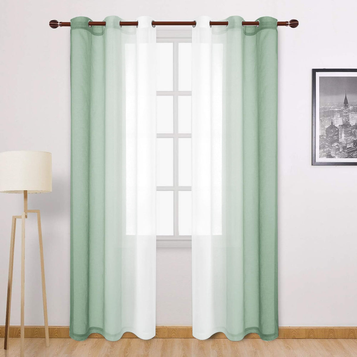 DWCN Blue Linen Ombre Sheer Curtains - Semi Voile Gradient Grommet Top Curtains for Bedroom and Living Room, Set of 2 Window Curtain Panels, 52 x 84 Inches Long, Denim Blue