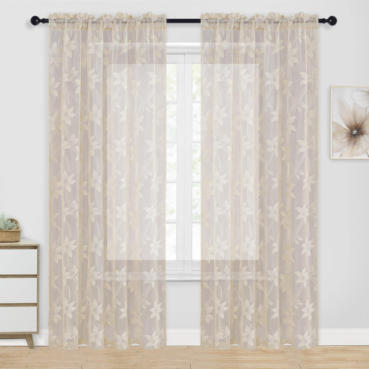 DWCN White Sheer Curtains - Short Curtains Floral Lace Design Rod Pocket Window Voile Sheer Drapes for Bedroom Kitchen Small Window 42 x 54 inch Length, 2 Panels White