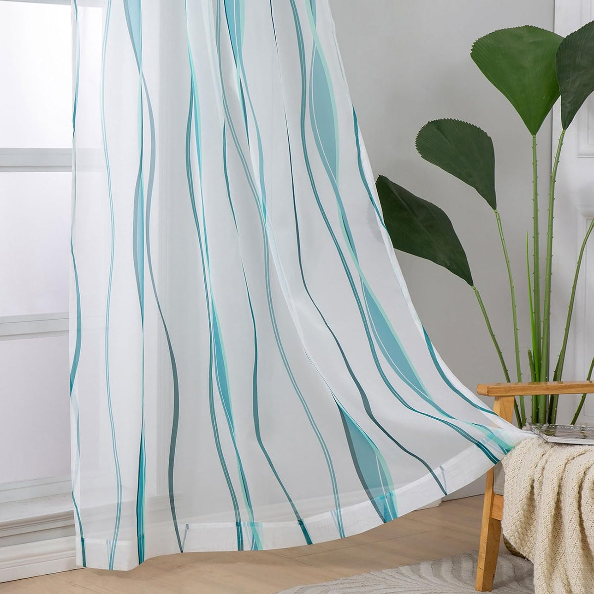 L.Z.E White and Teal Sheer Curtains 84 Inches Long, Light Filtering Elegant Patterned Curtains with Design for Living Room Bedroom Dining Room, Lightweight Window Drapes, Grommet Top 2 Panels Set